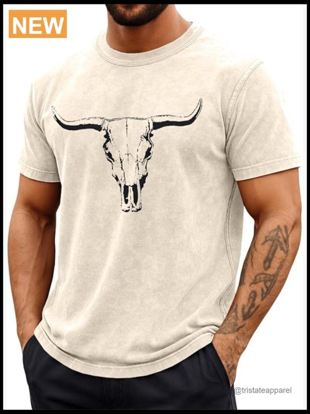 Western Bull Skull Graphic Acid Washed Cotton T-Shirt